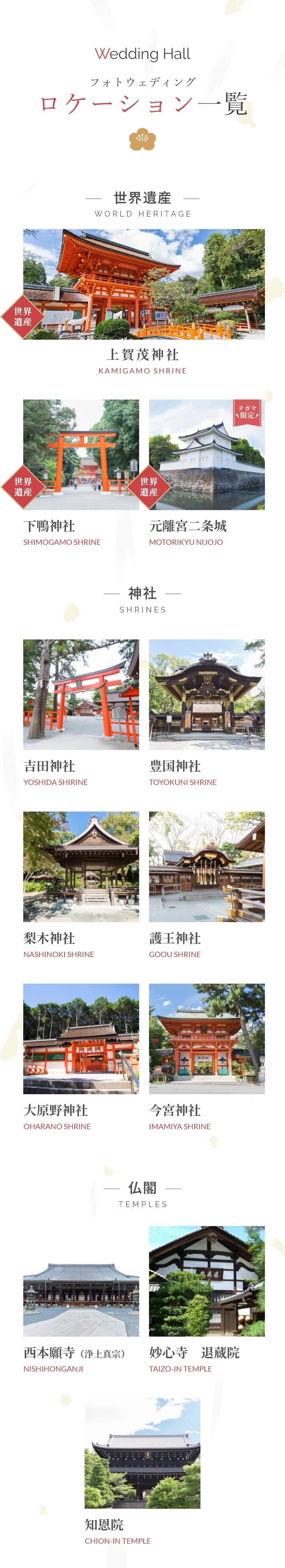 フォトウェディングロケーション一覧。上賀茂神社、下鴨神社、元離宮二条城、吉田神社、豊国神社、梨木神社、護王神社、大原野神社、今宮神社、西本願寺、妙心寺、退蔵院、知恩院などの世界遺産や神社、仏閣。